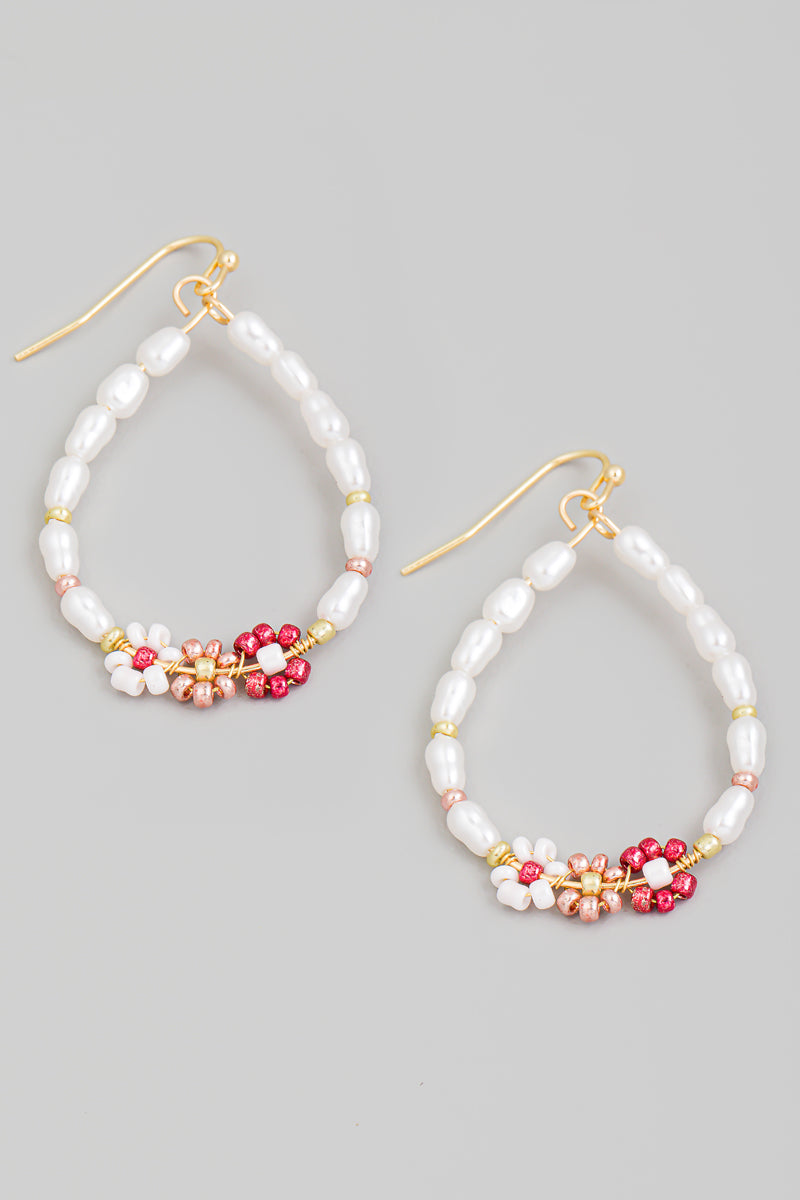 Pearl Beaded Flower Teardrop Earrings