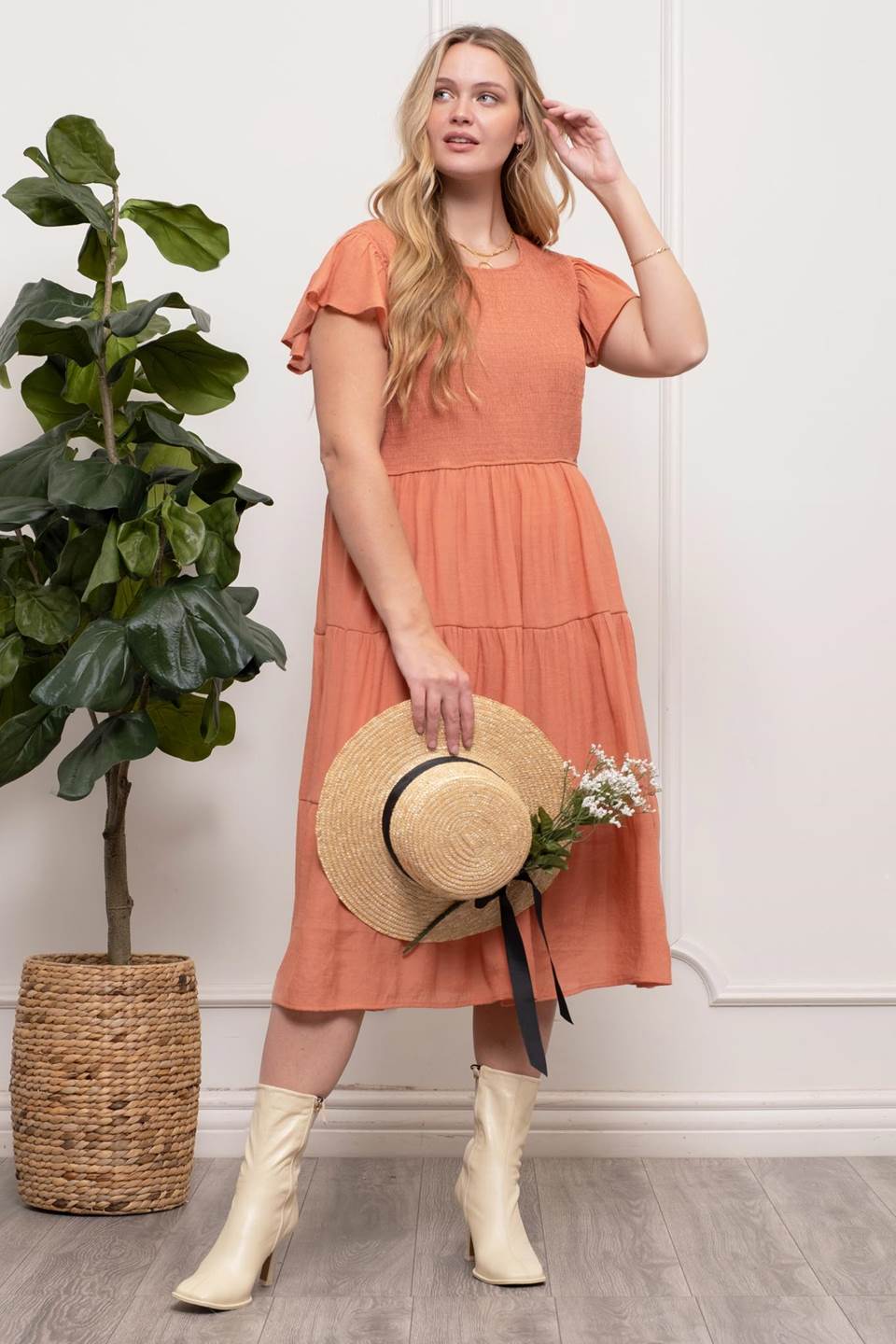 Curvy Smocked Tiered Midi Dress