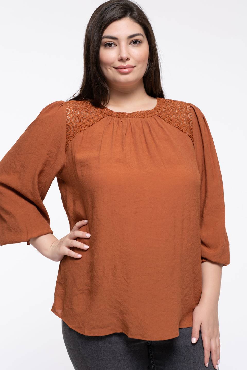 Curvy Lace Inset Peasant Top