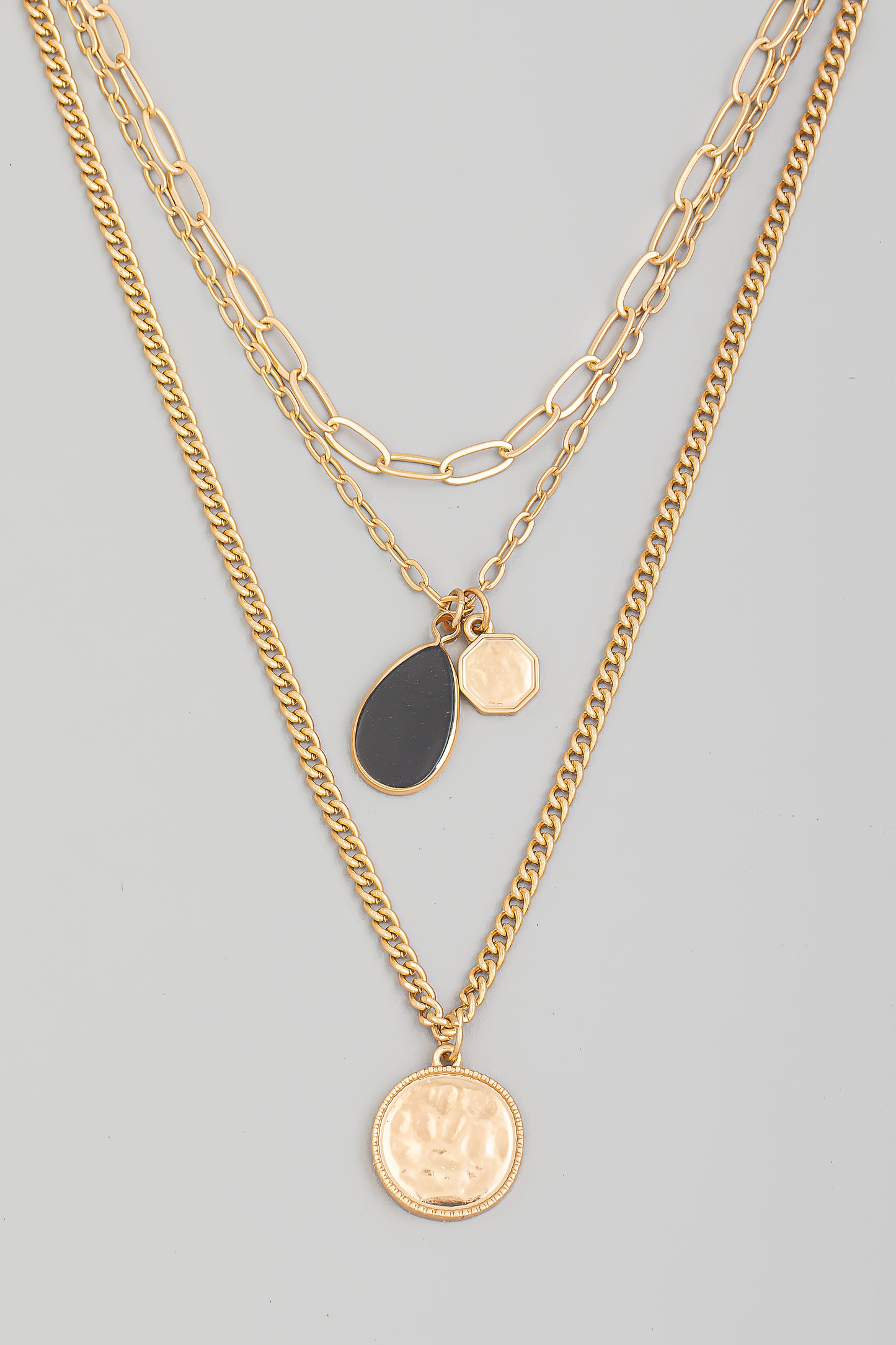 Hammered Circle Coin Teardrop Charm Necklace