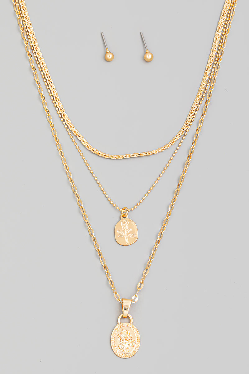 Oval Rose Print Layered Necklace Set