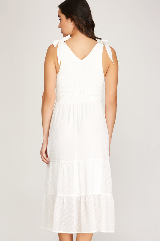 Smocked Tie Shoulder Swiss Dot Midi Dress