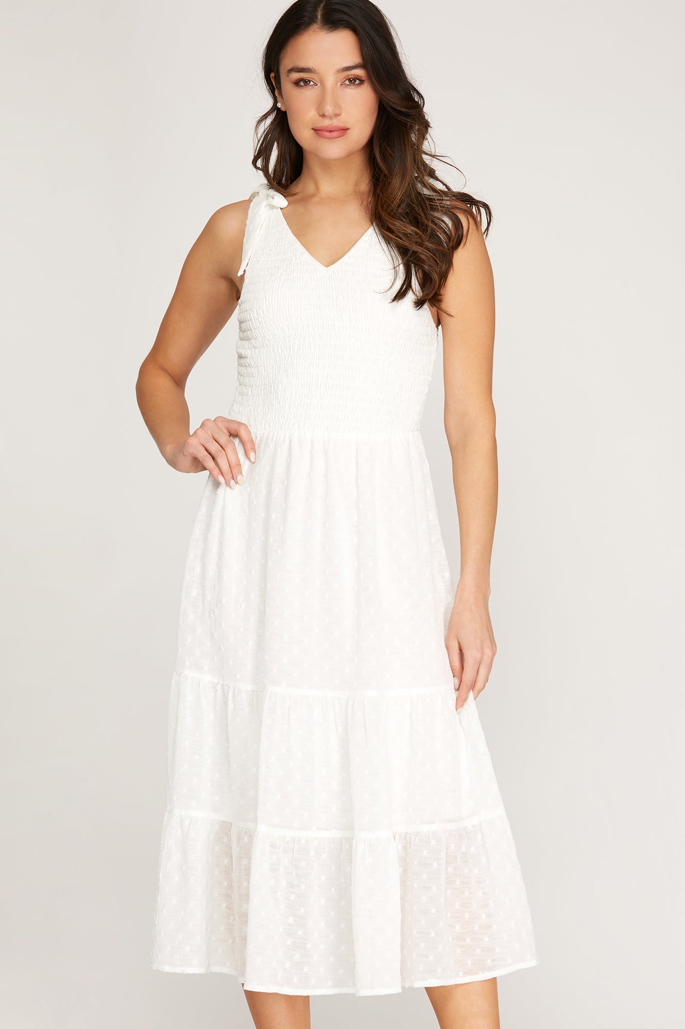 Smocked Tie Shoulder Swiss Dot Midi Dress