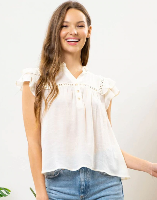 Button Front Ruffled Sleeve Top
