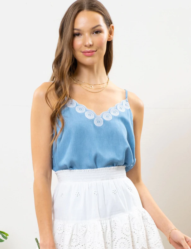Chambray Embroidered Top