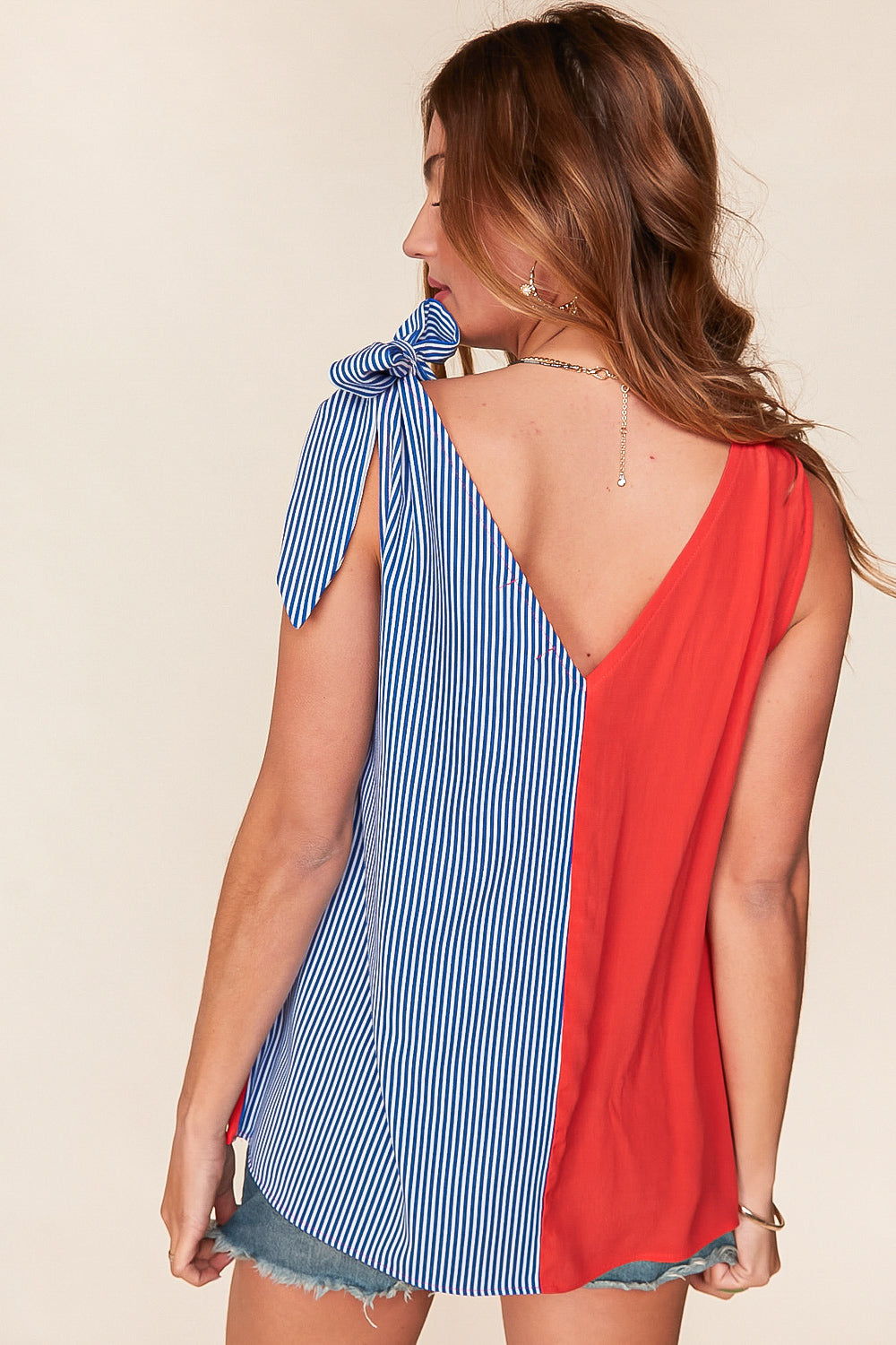 Stripe V Neck Tie Sleeve Tank