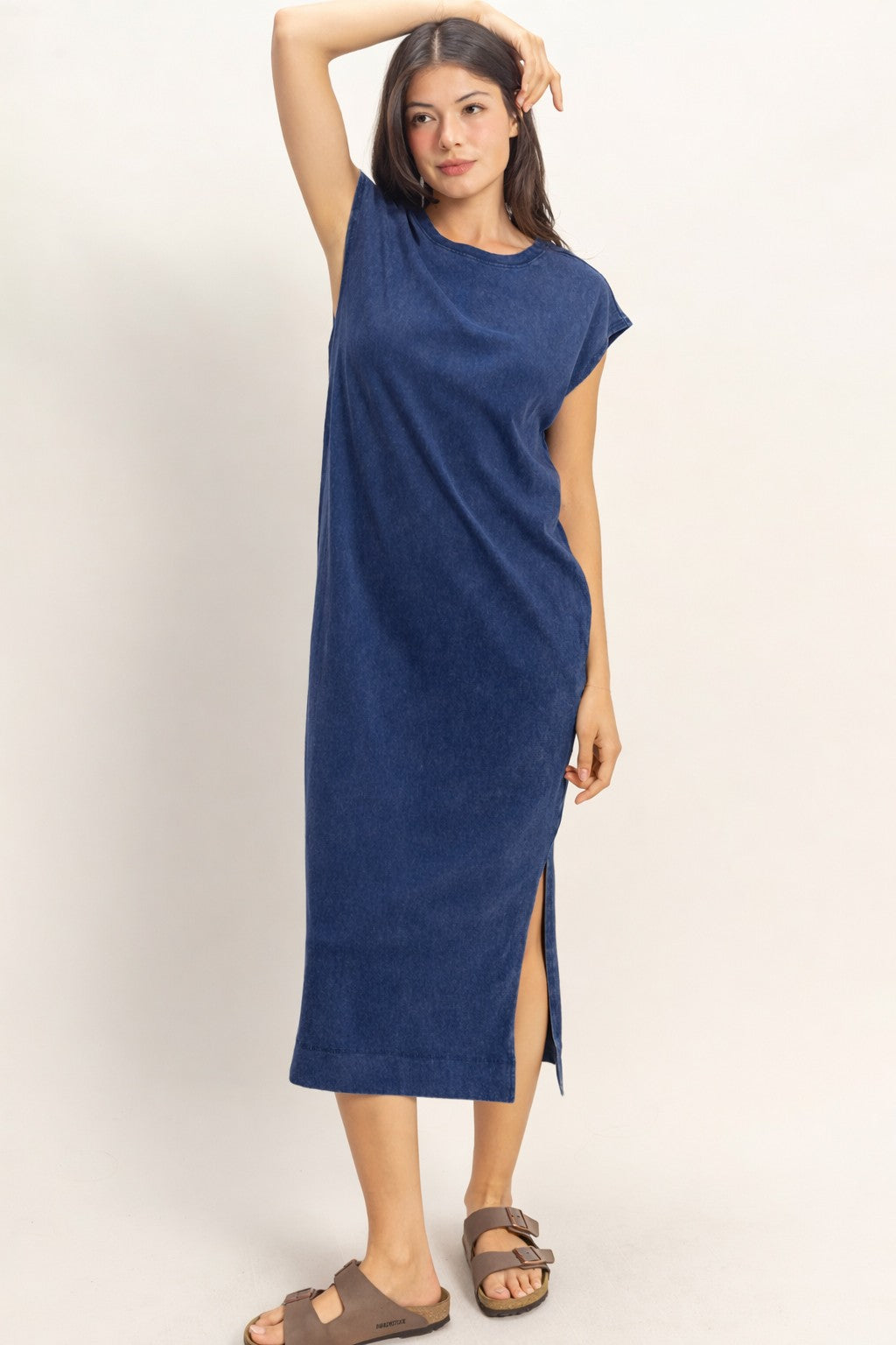 Mineral Wash Cap Sleeve Midi Dress