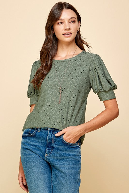 Solid Eyelet Top with Puffed Sleeves