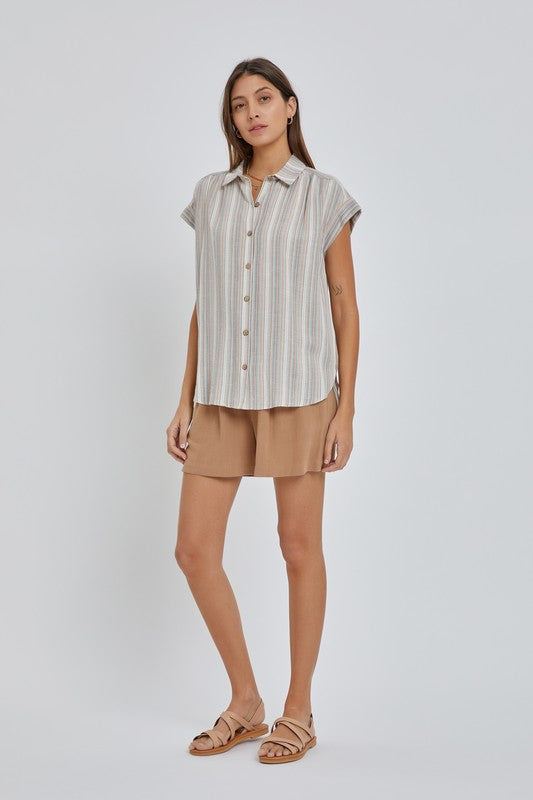 Multi Stripe Cap Sleeve Button Up