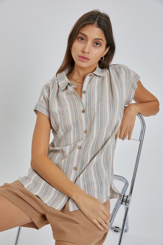 Multi Stripe Cap Sleeve Button Up