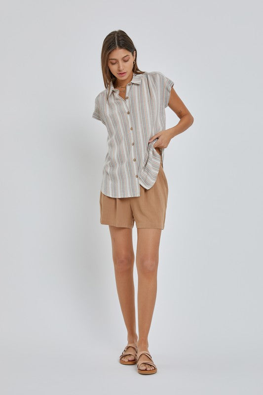 Multi Stripe Cap Sleeve Button Up