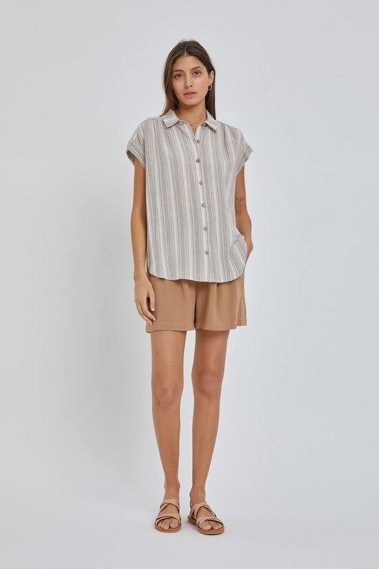 Multi Stripe Cap Sleeve Button Up