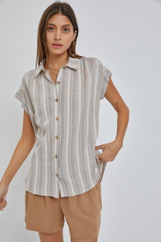 Multi Stripe Cap Sleeve Button Up