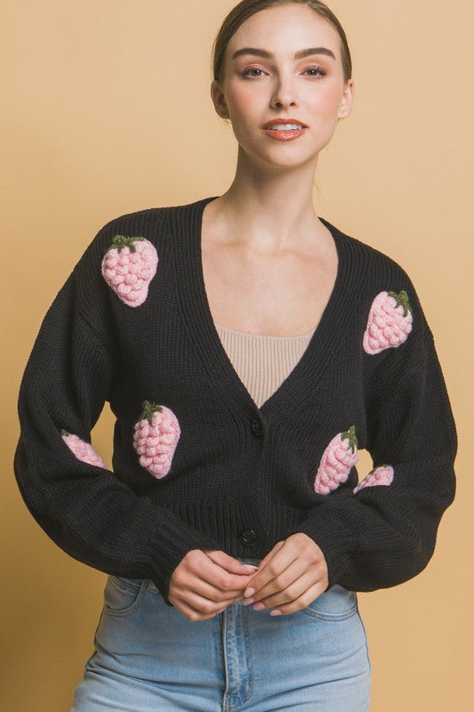 Strawberry Embellishment Button Front Cardigan