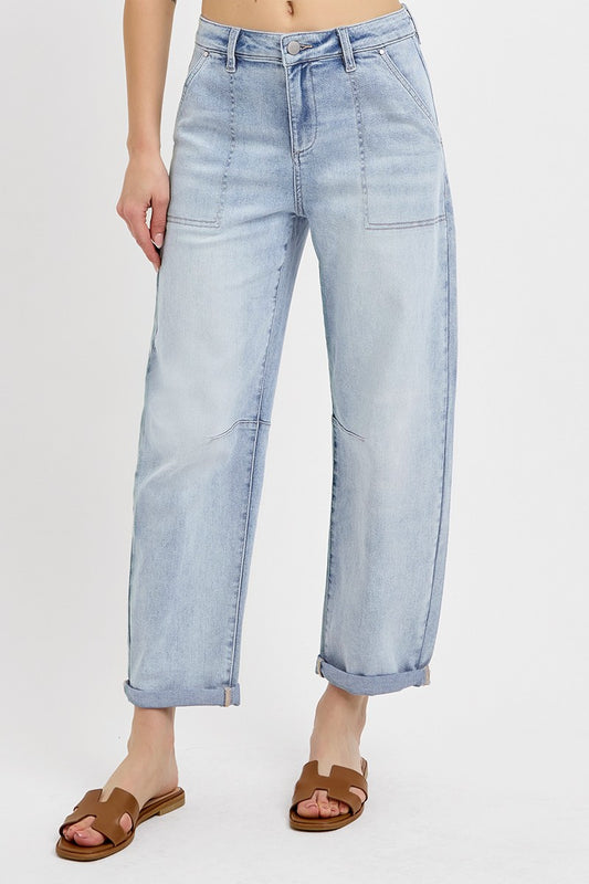 Darby Mid Rise Barrel Relaxed Patch Pocket Jean