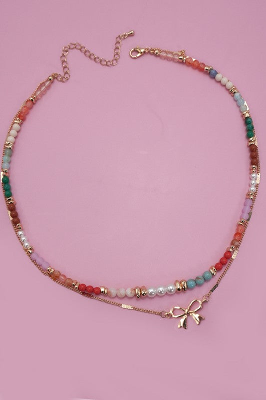 Multi Beaded Layered Bow Necklace