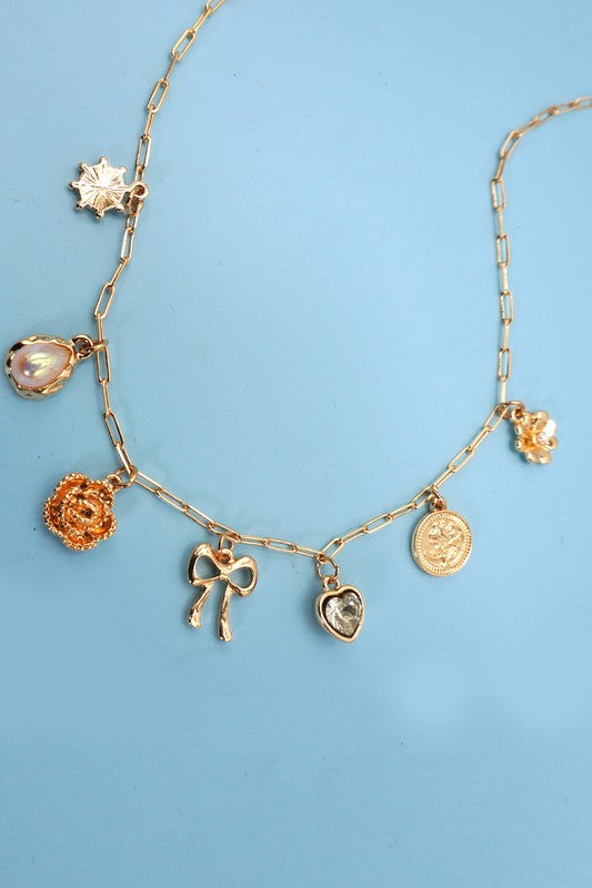 Bow, Heart, Flower Charm Necklace