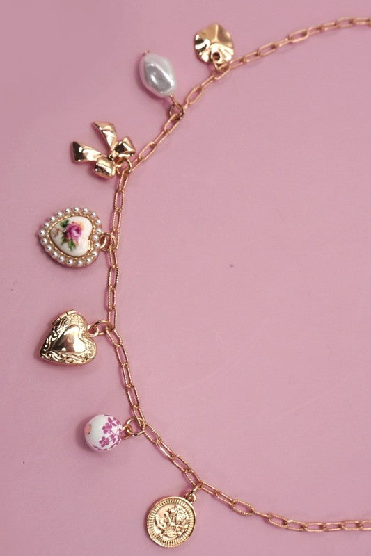 Ceramic Porcelain and Bow Charm Necklace
