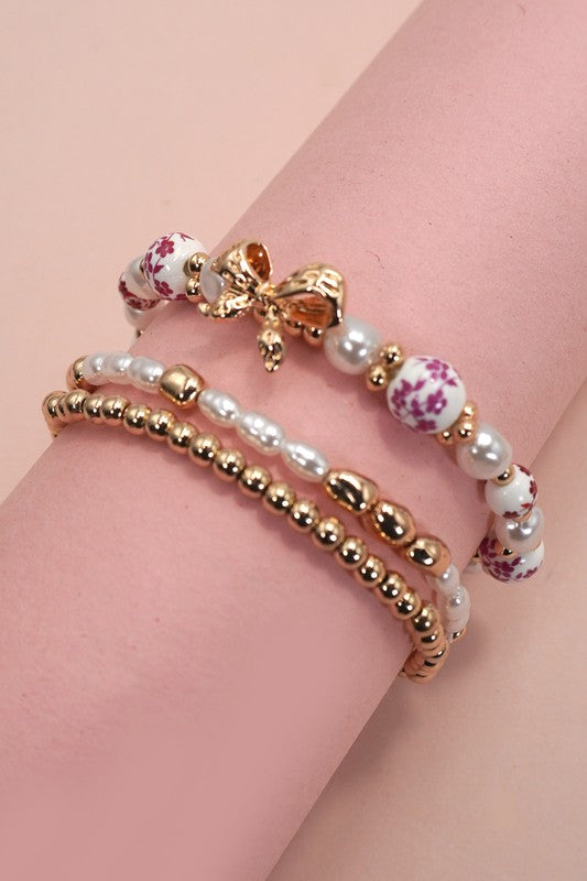 Pink Ceramic Porcelain Bow Layered Bracelet