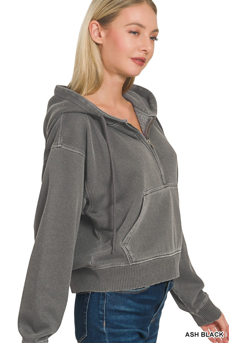 Mineral Wash Kangaroo Pocket Half Zip Hoodie