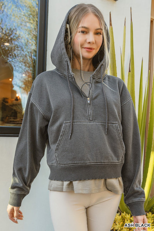 Mineral Wash Kangaroo Pocket Half Zip Hoodie
