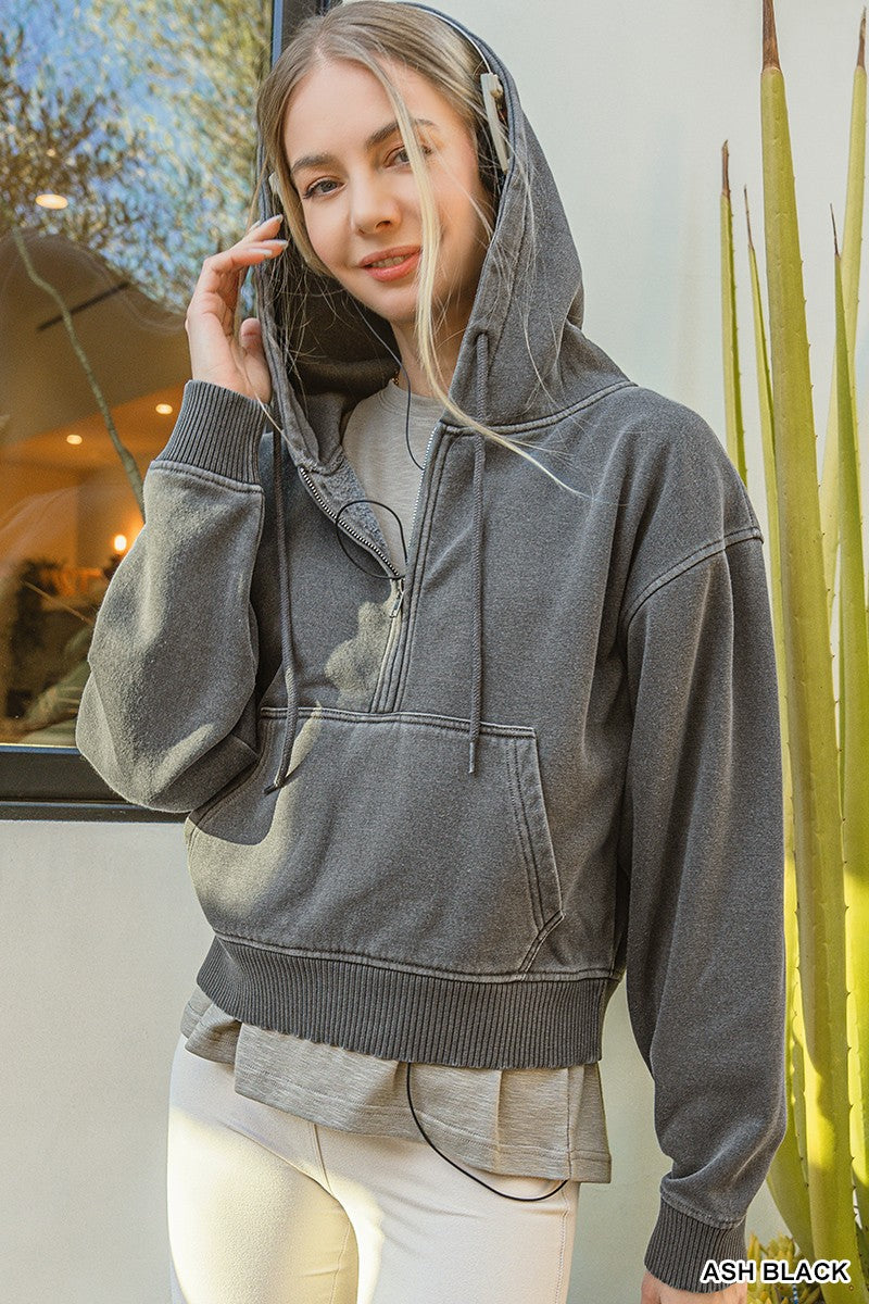Mineral Wash Kangaroo Pocket Half Zip Hoodie