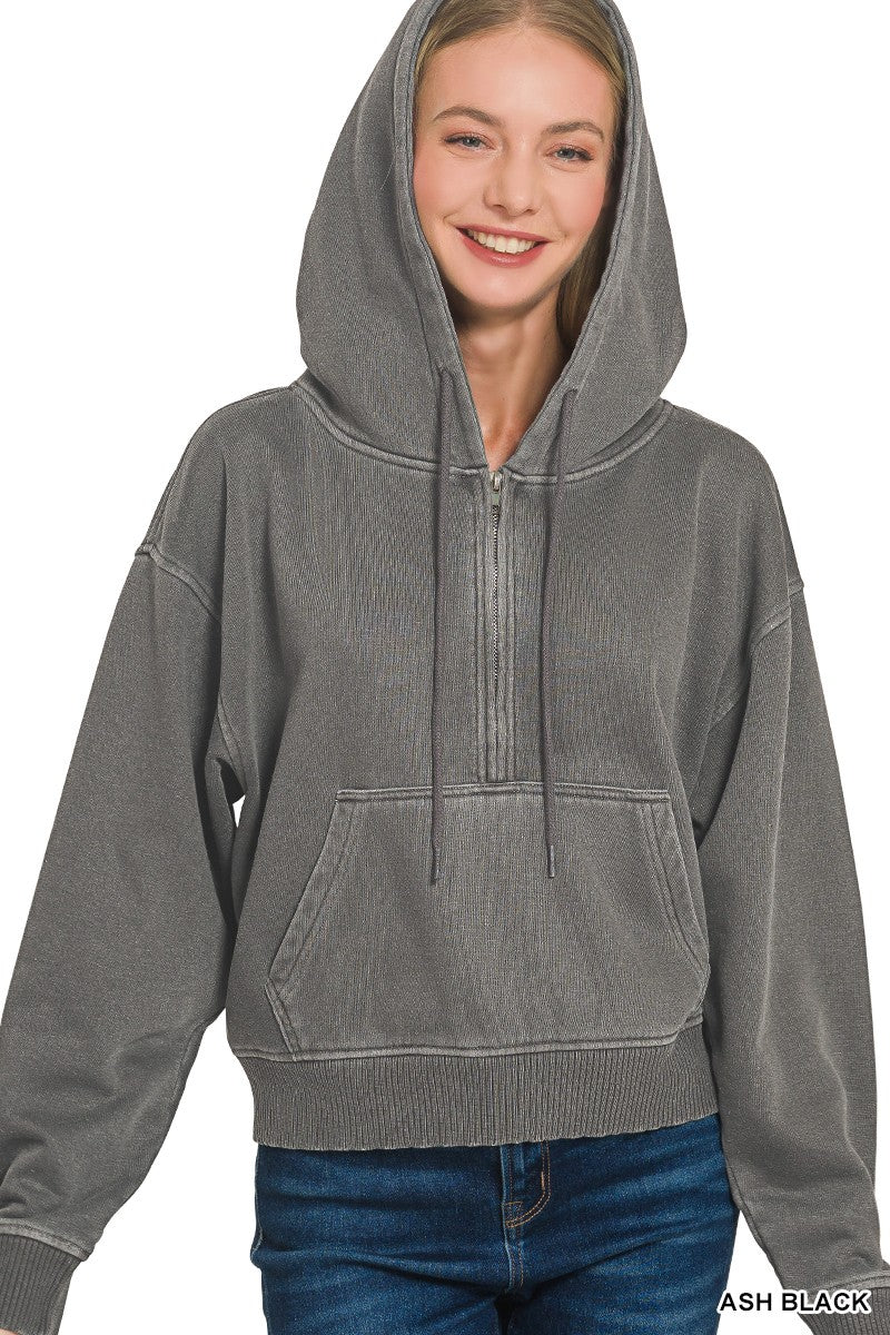 Mineral Wash Kangaroo Pocket Half Zip Hoodie