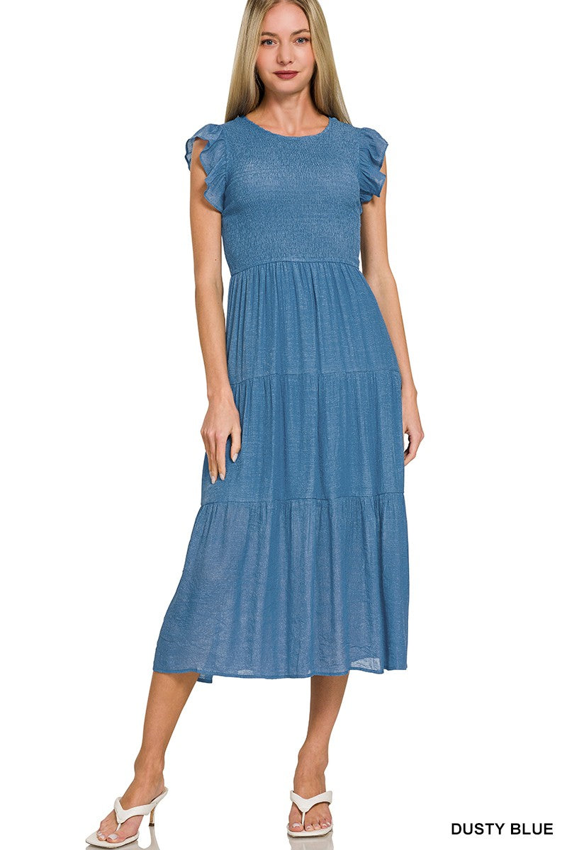 Woven Smocked Ruffle Sleeve Midi Dress
