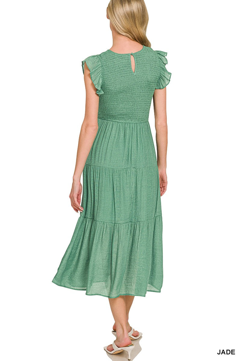 Woven Smocked Ruffle Sleeve Midi Dress