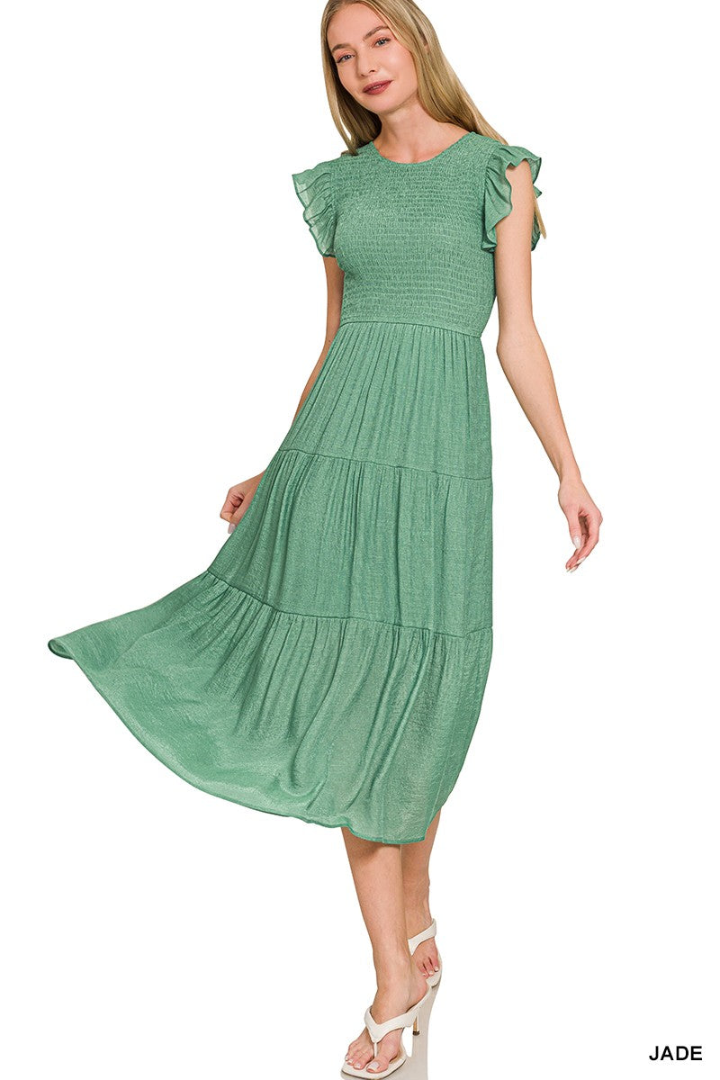 Woven Smocked Ruffle Sleeve Midi Dress
