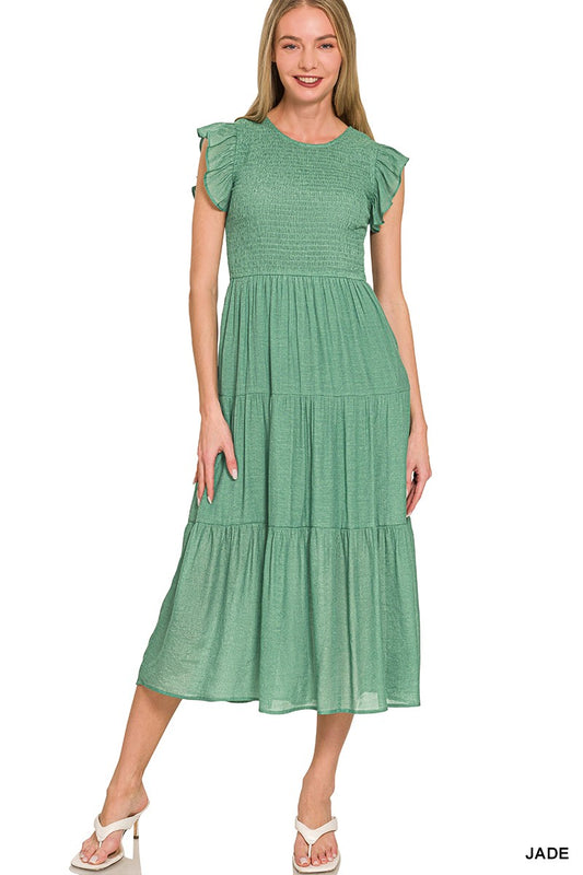 Woven Smocked Ruffle Sleeve Midi Dress