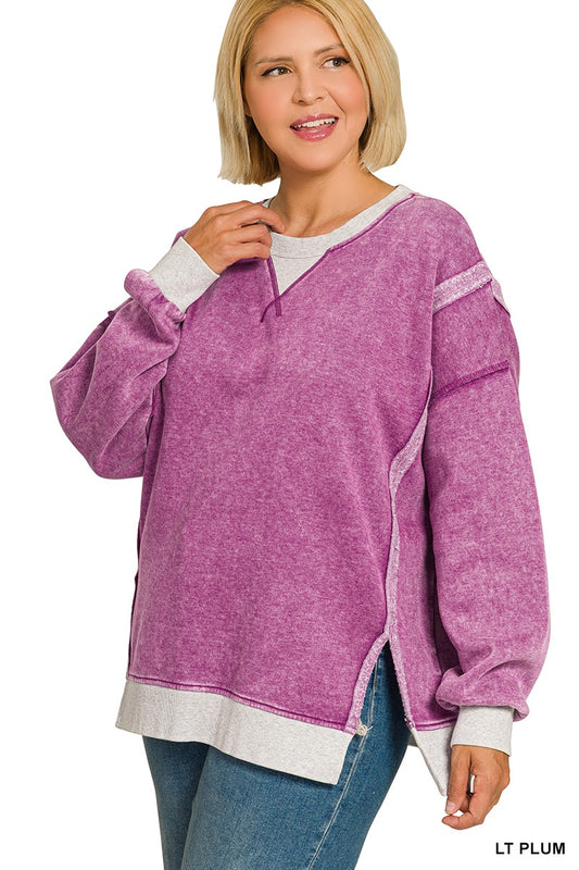 Curvy Acid Wash Fleece Contrast Trim Sweatshirt