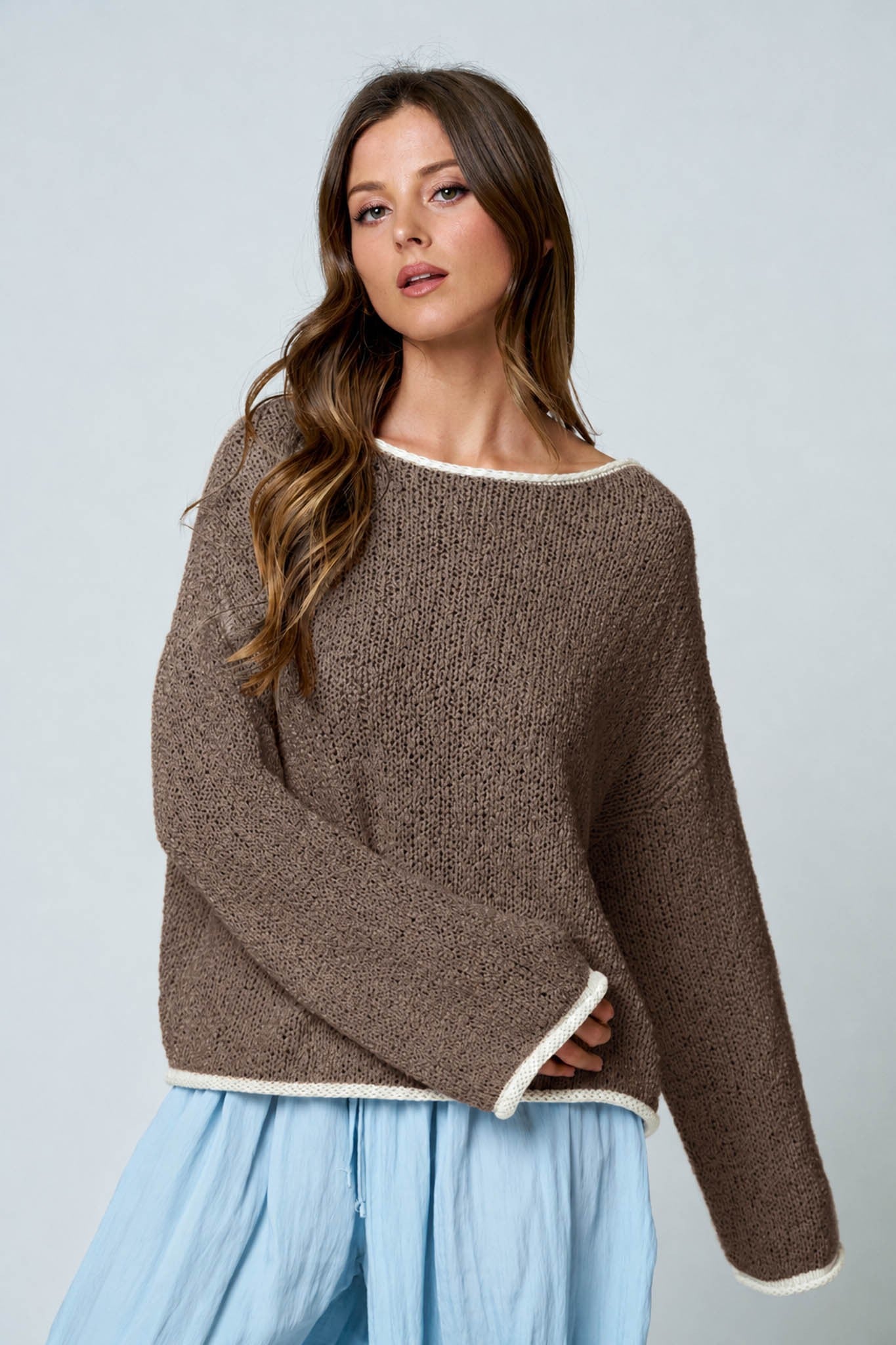 Boat Neck Contrast Trim Knit Sweater