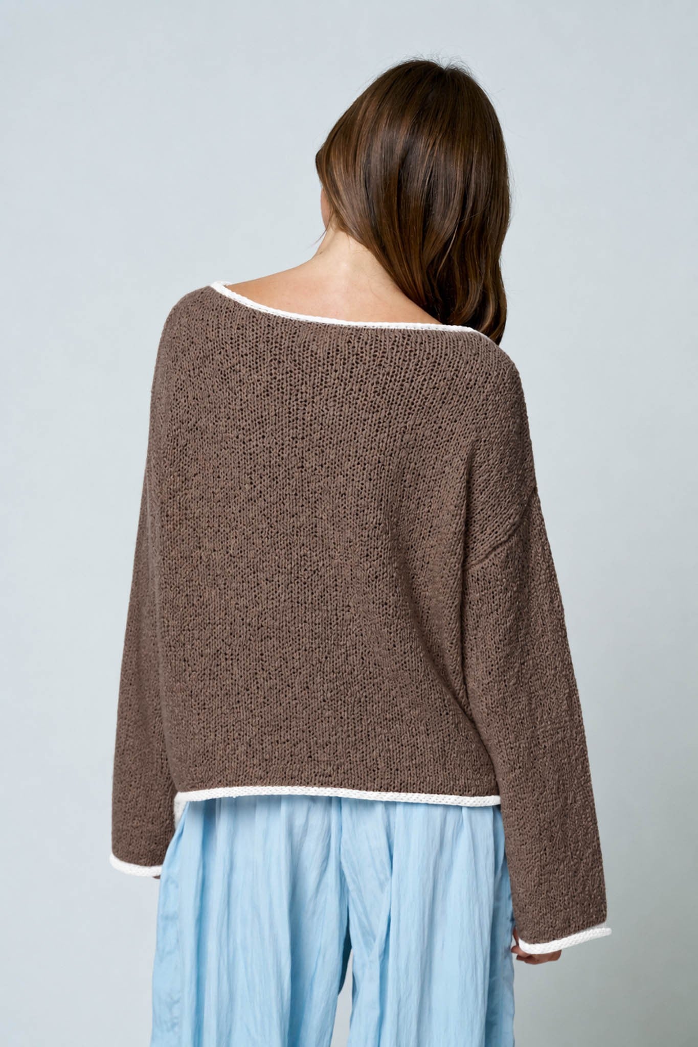 Boat Neck Contrast Trim Knit Sweater