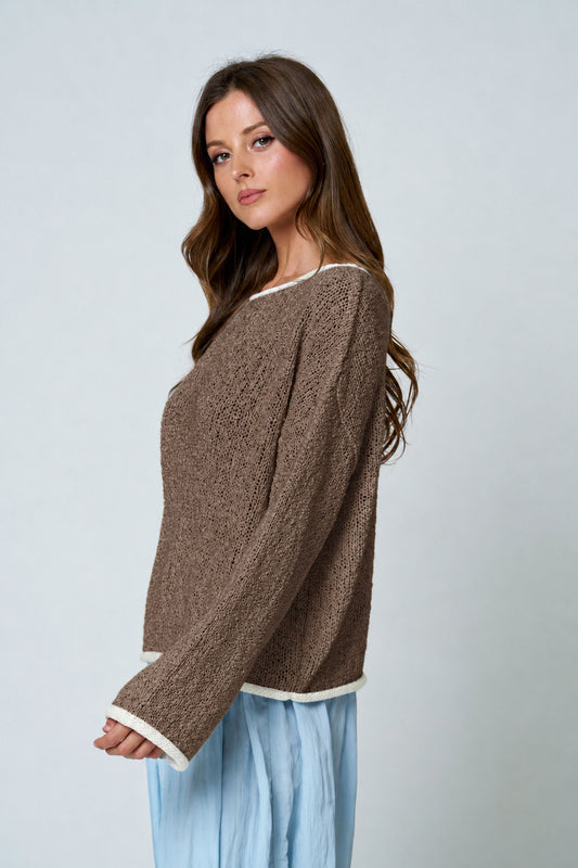 Boat Neck Contrast Trim Knit Sweater