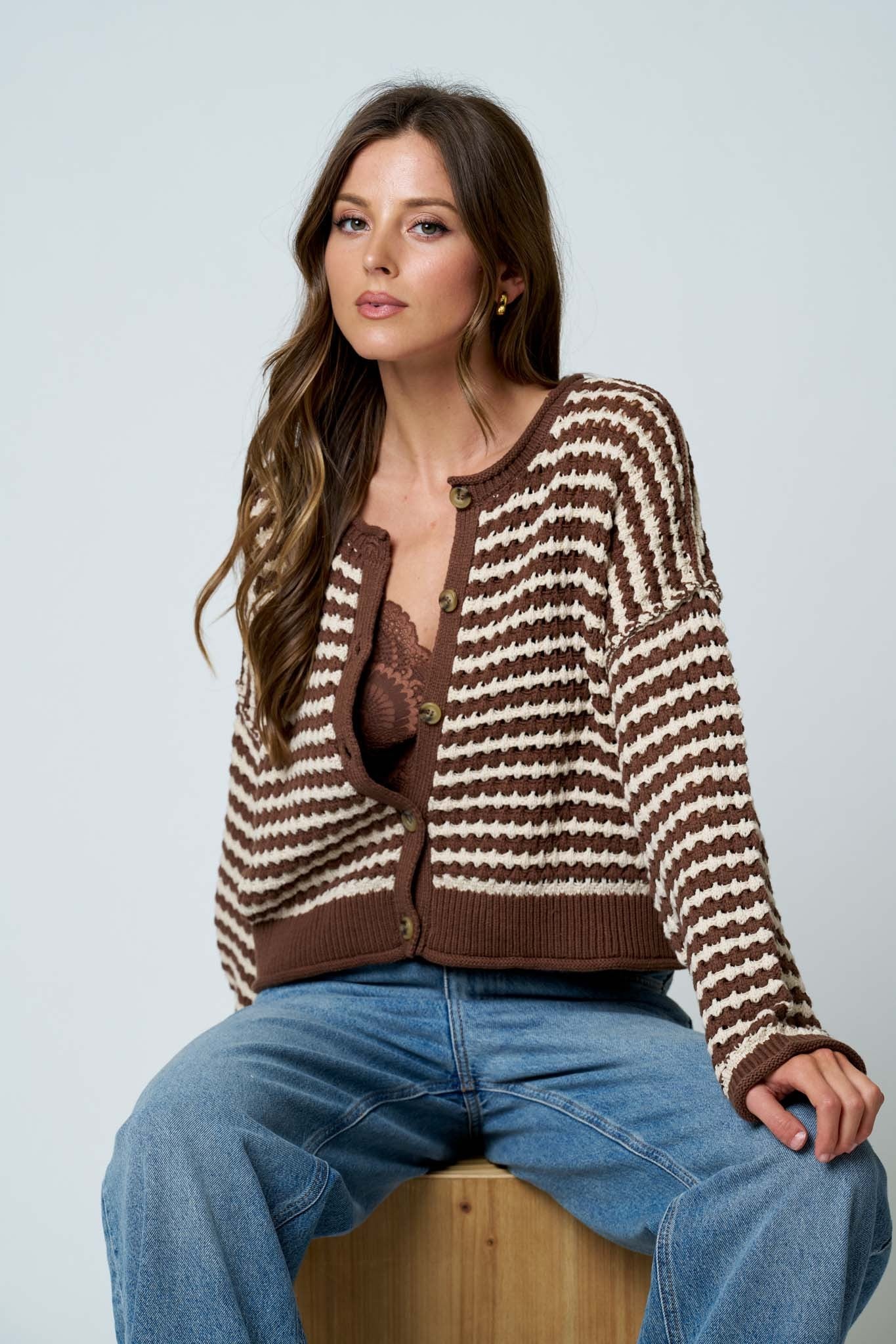 Texture Stripe Button Up Cardigan