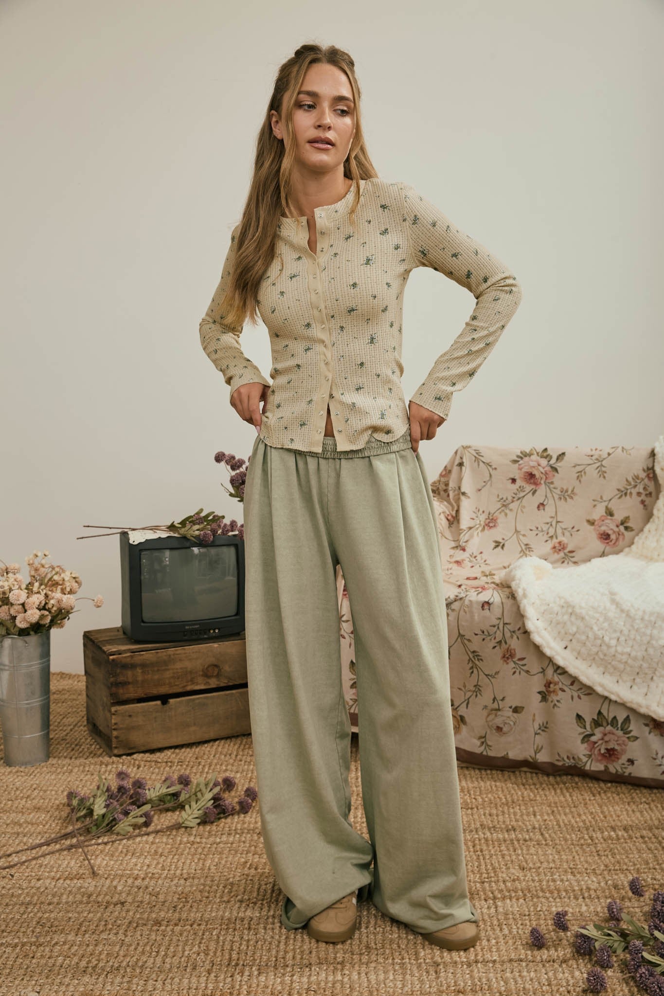 Floral Waffle Snap Front Top