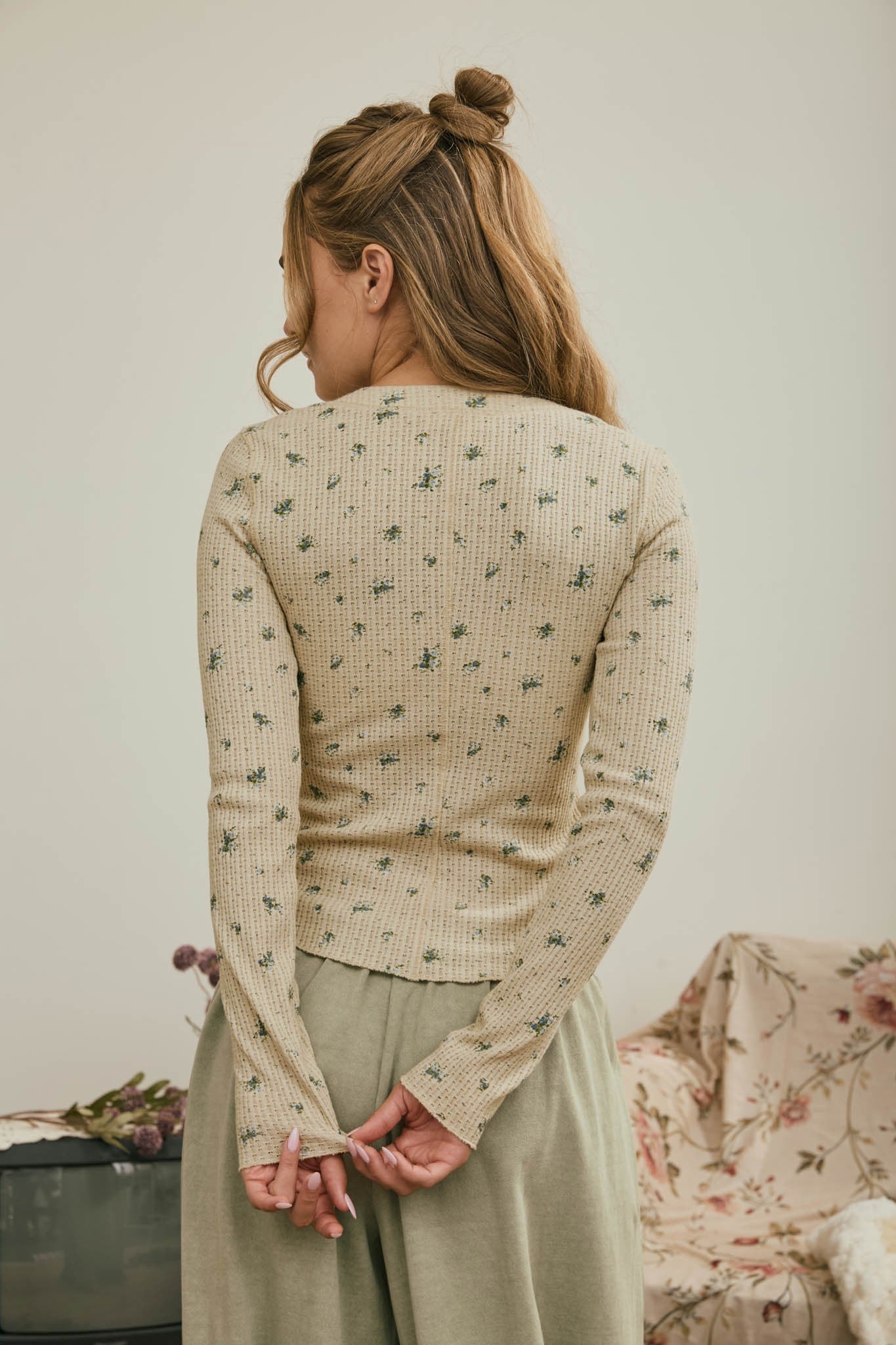 Floral Waffle Snap Front Top
