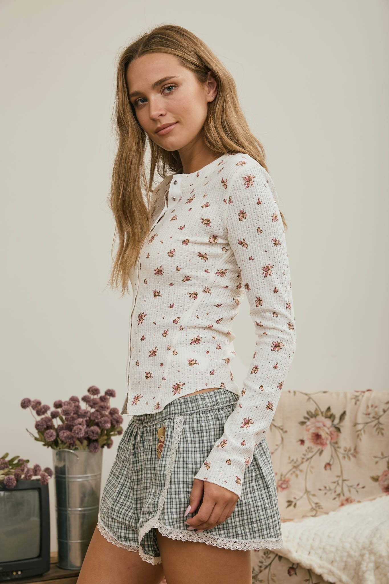 Floral Waffle Snap Front Top