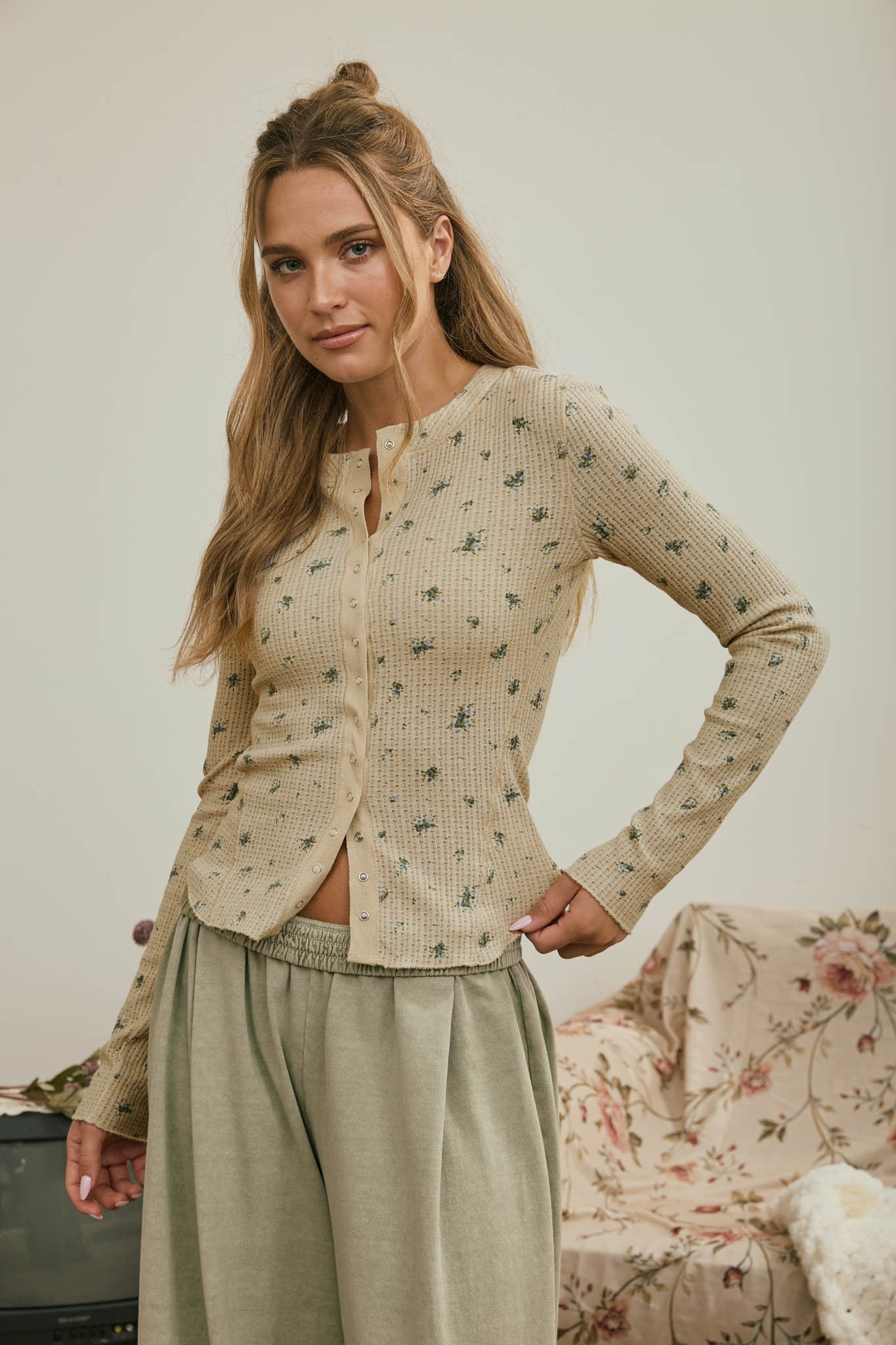 Floral Waffle Snap Front Top