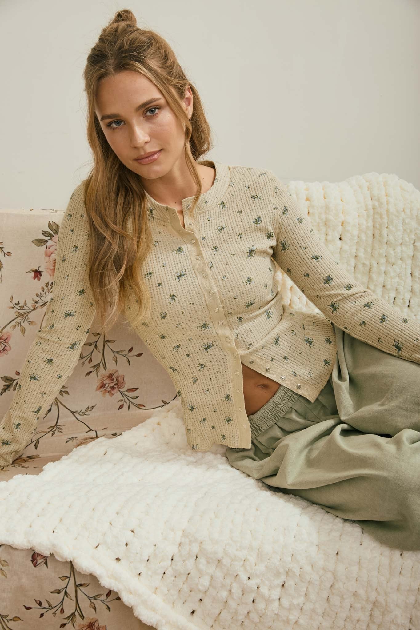 Floral Waffle Snap Front Top