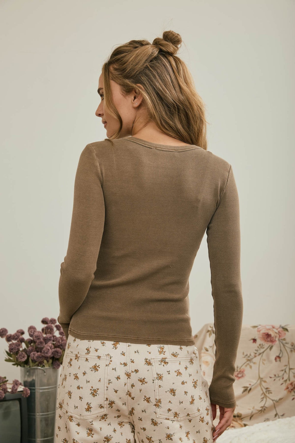 Button Front Ribbed Long Sleeve Top