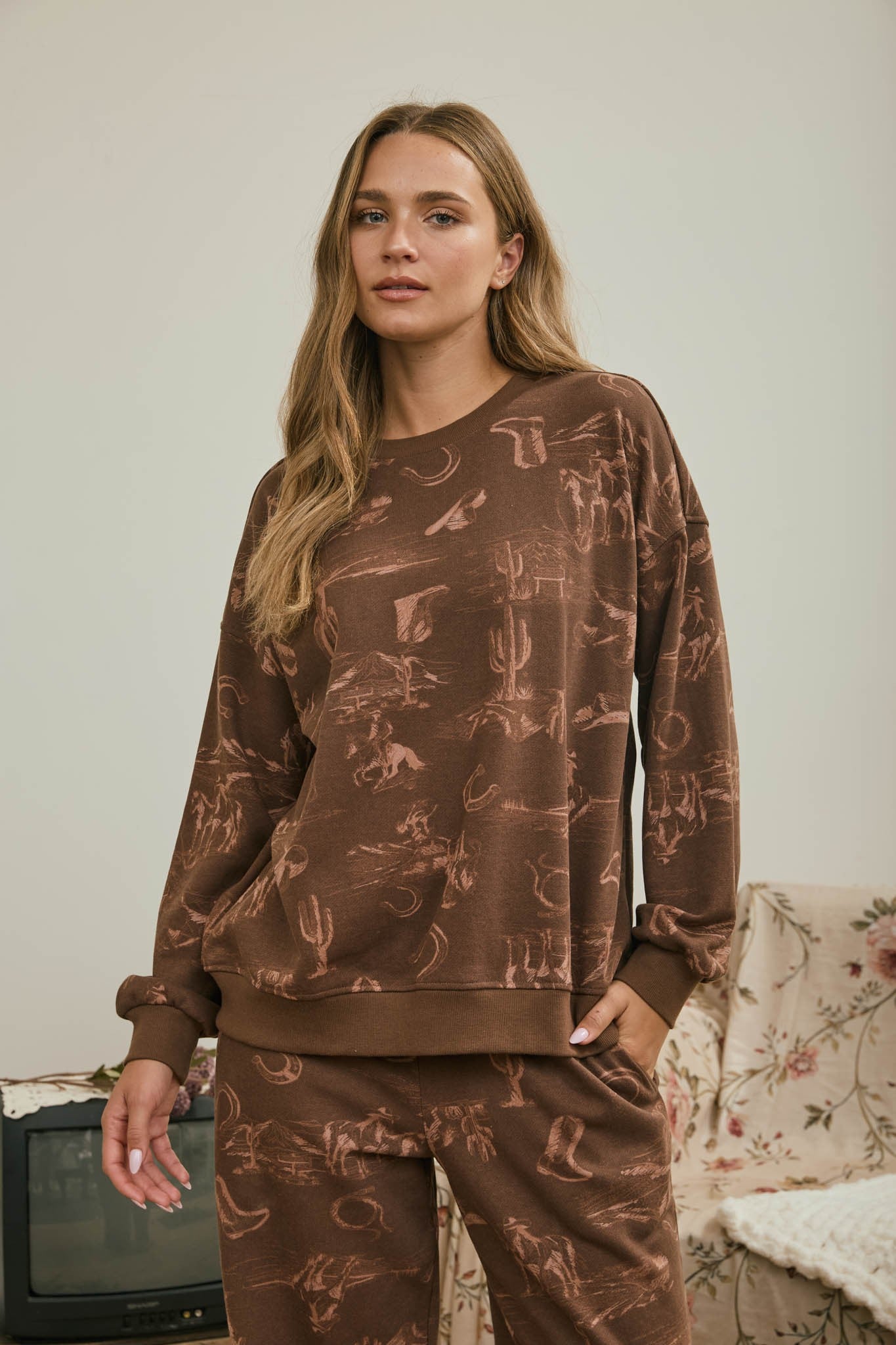 Western Print Crew Neck Sweatshirt