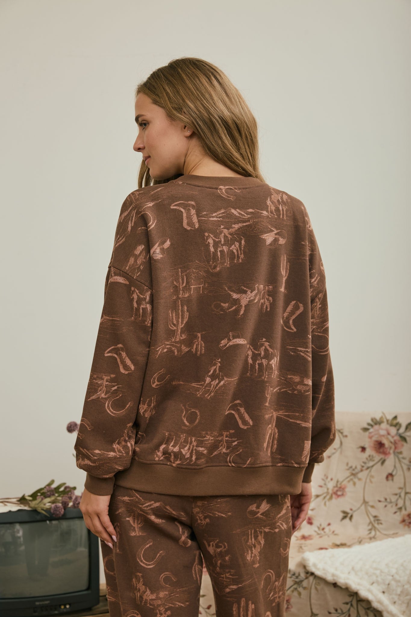Western Print Crew Neck Sweatshirt