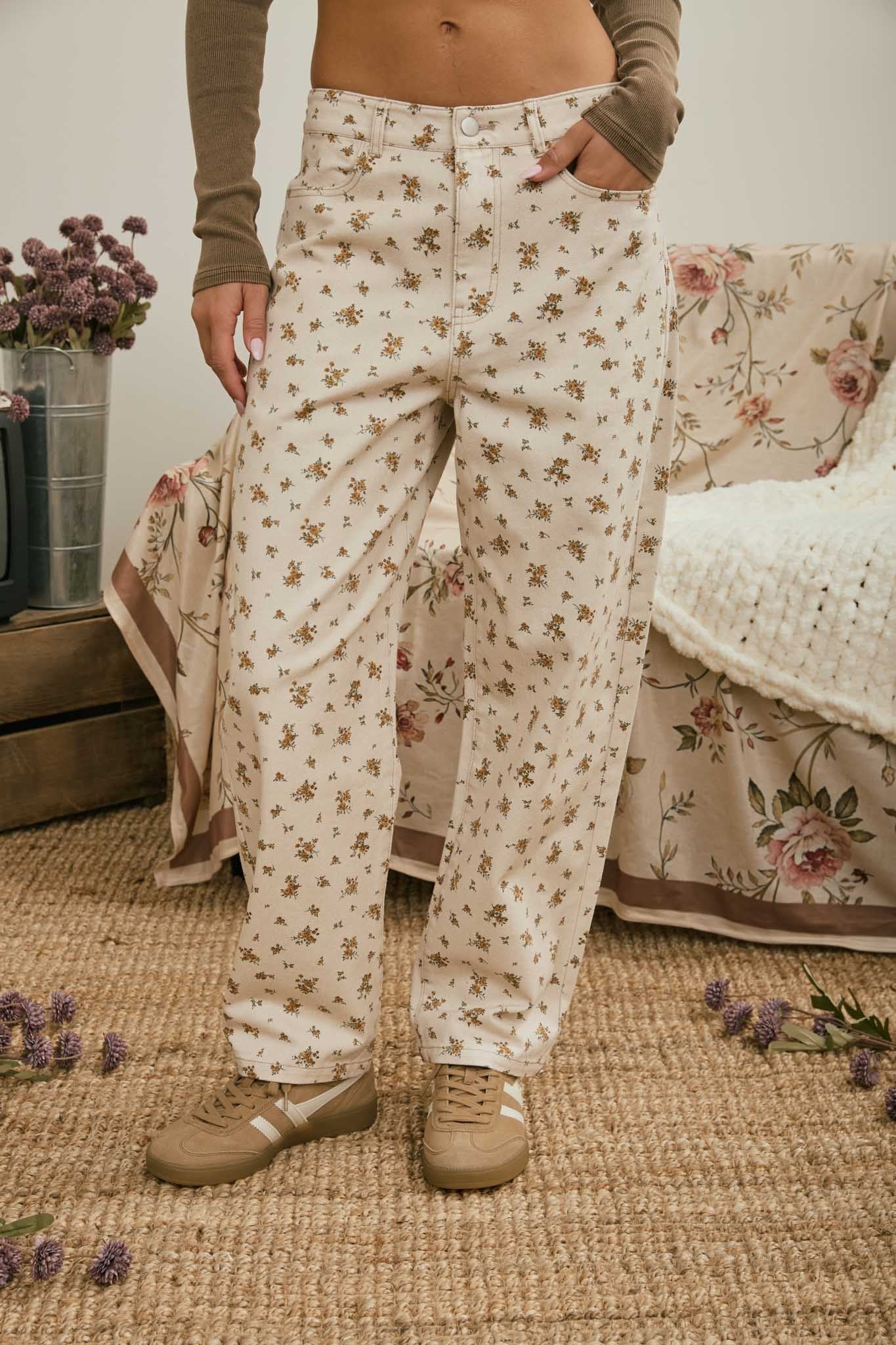 Floral Ecru Print Denim Pant