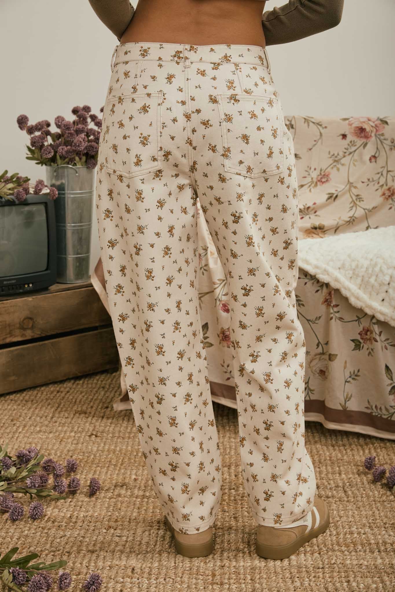 Floral Ecru Print Denim Pant