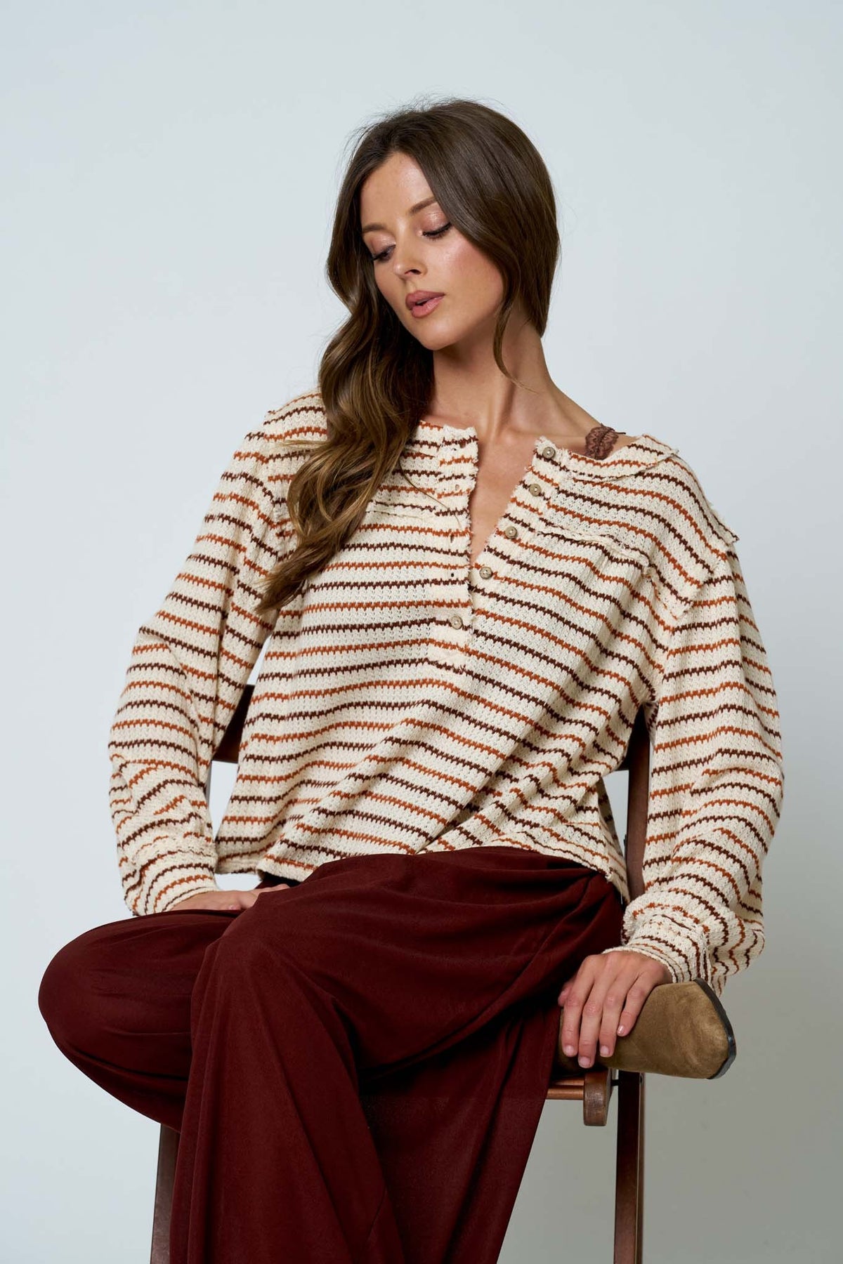 Multicolor Stripe Long Sleeve Henley Top