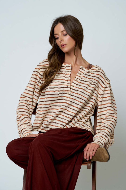 Multicolor Stripe Long Sleeve Henley Top