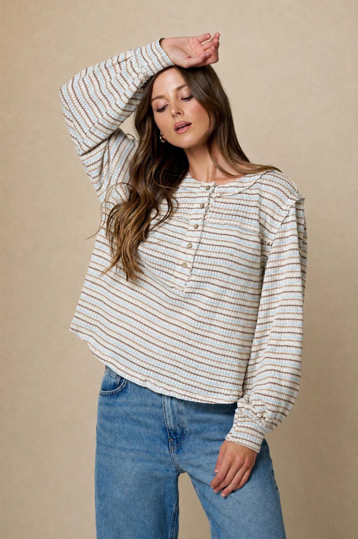 Multicolor Stripe Long Sleeve Henley Top
