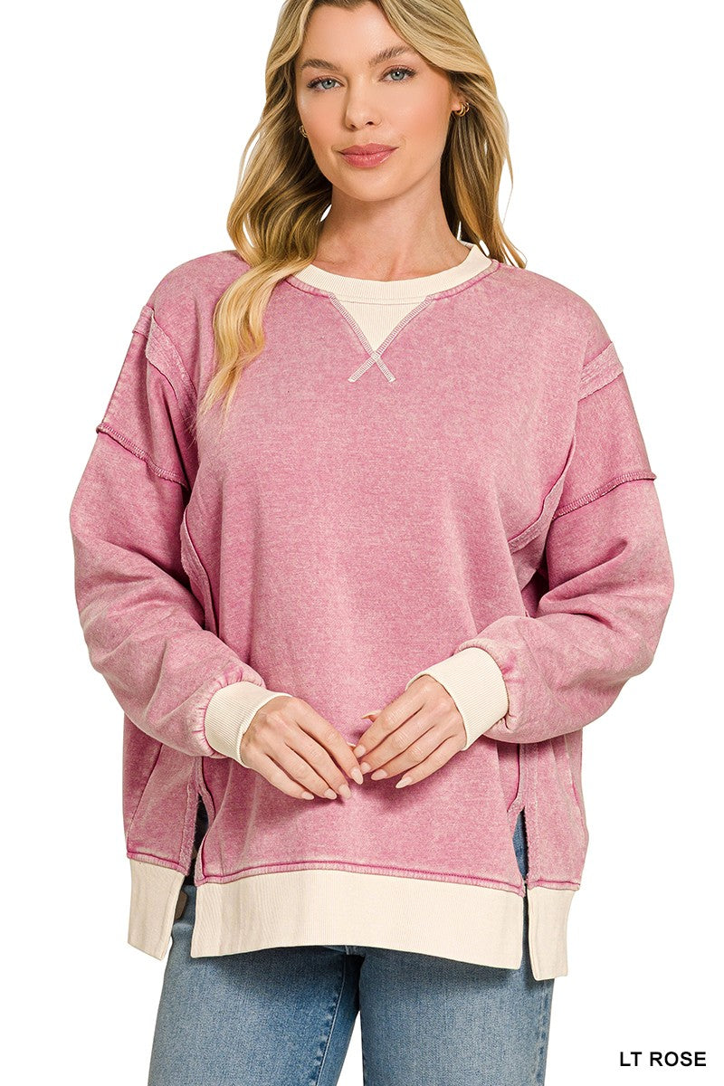 Fleece Acid Wash Contrast Trim Sweatshirt